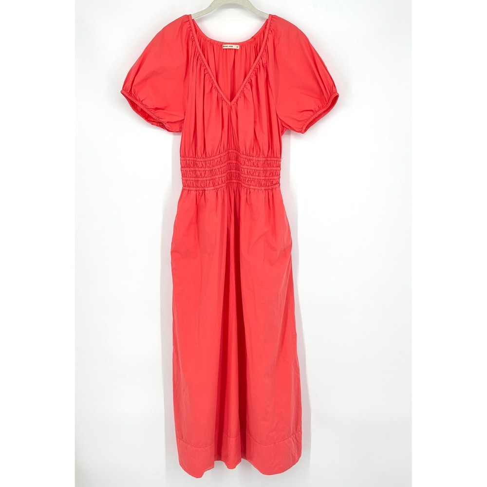 Marine Layer Emery Poplin Midi Dress Puff Sleeve Smocked Coral Pima Cotton Med - Picture 2 of 15